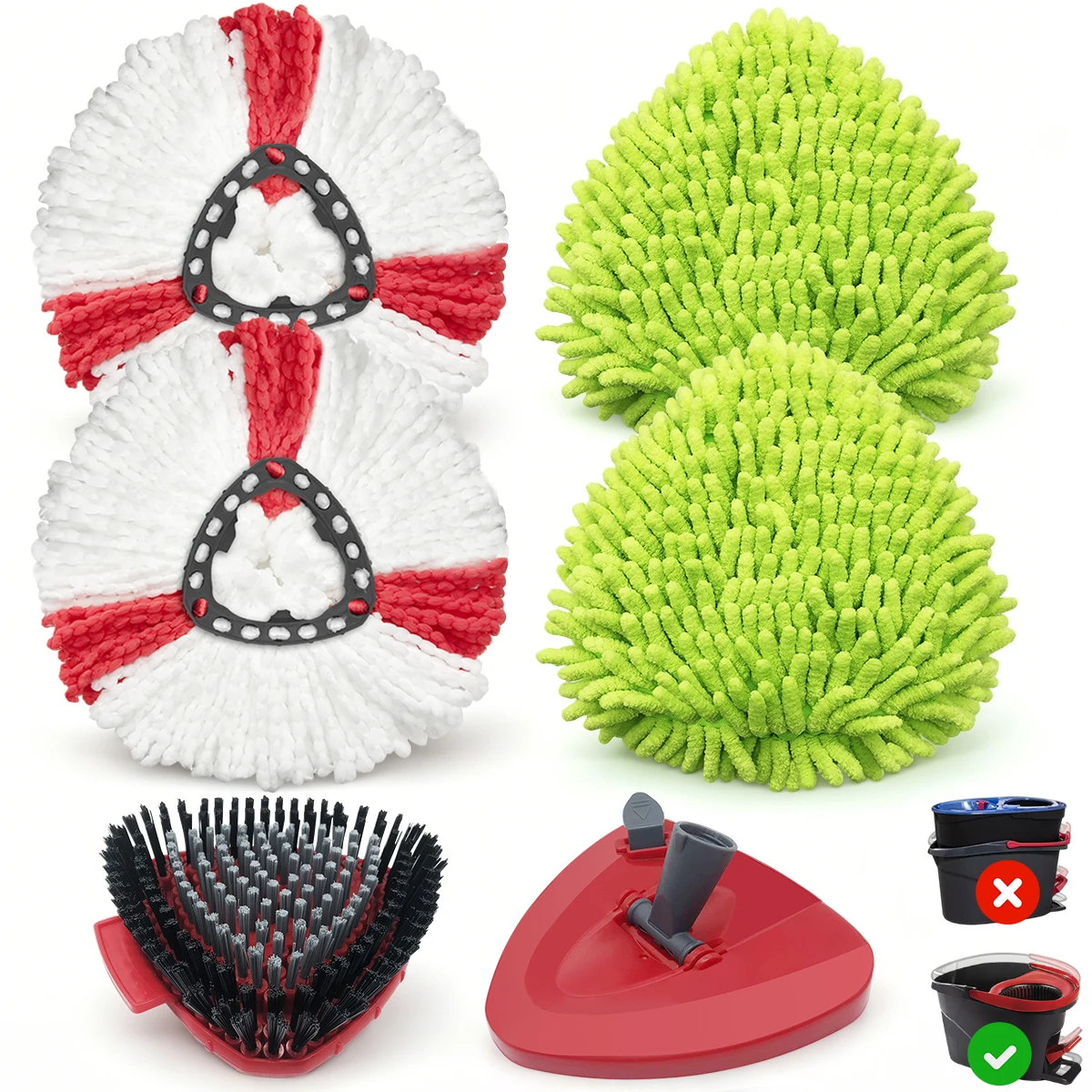 Spin Mop Replacement Heads Fit Vileda/O-Cedar EasyWring 1-Tank,6Pcs:4 Microfiber Refills,1 Triangular Scrub Brush,1 Mop Base