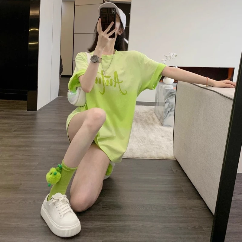 DAYIFUN Avocado Green Girls' Tshirts Summer Letter Printing Gradient Bright Color Long Tees Women's Oversized Short Sleeve Tops