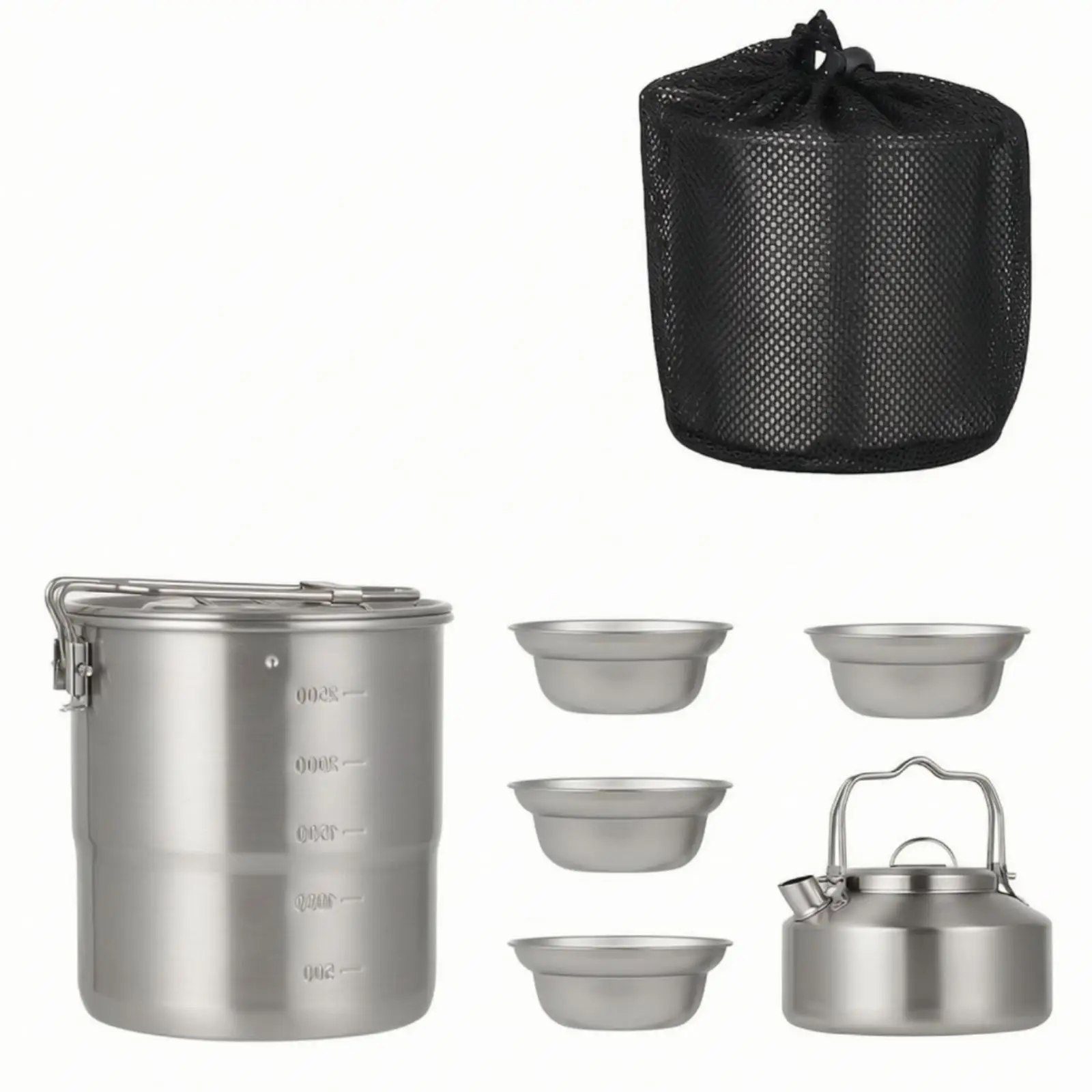 Lightweight Outdoor Cooking Set 6 Piece Stainless Steel Camping Cookware with Mesh Storage Bag
