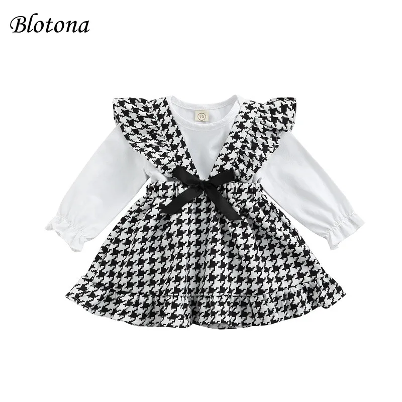 

Blotona 2Pcs Spring Autumn Baby Girls Outfit, Sweet Infant Long Sleeve Round Neck Romper +Fly Sleeve Suspender Skirt, 3-24Months