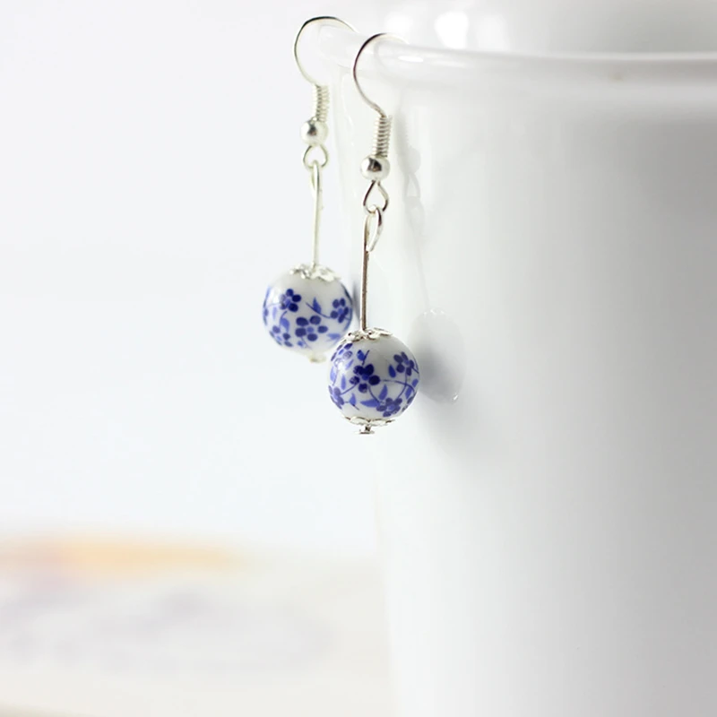 Retro New Chinese Ceramic Blue Printed Love Earrings National Trend Style Stainless Steel Imitation Blue and White Porcelain