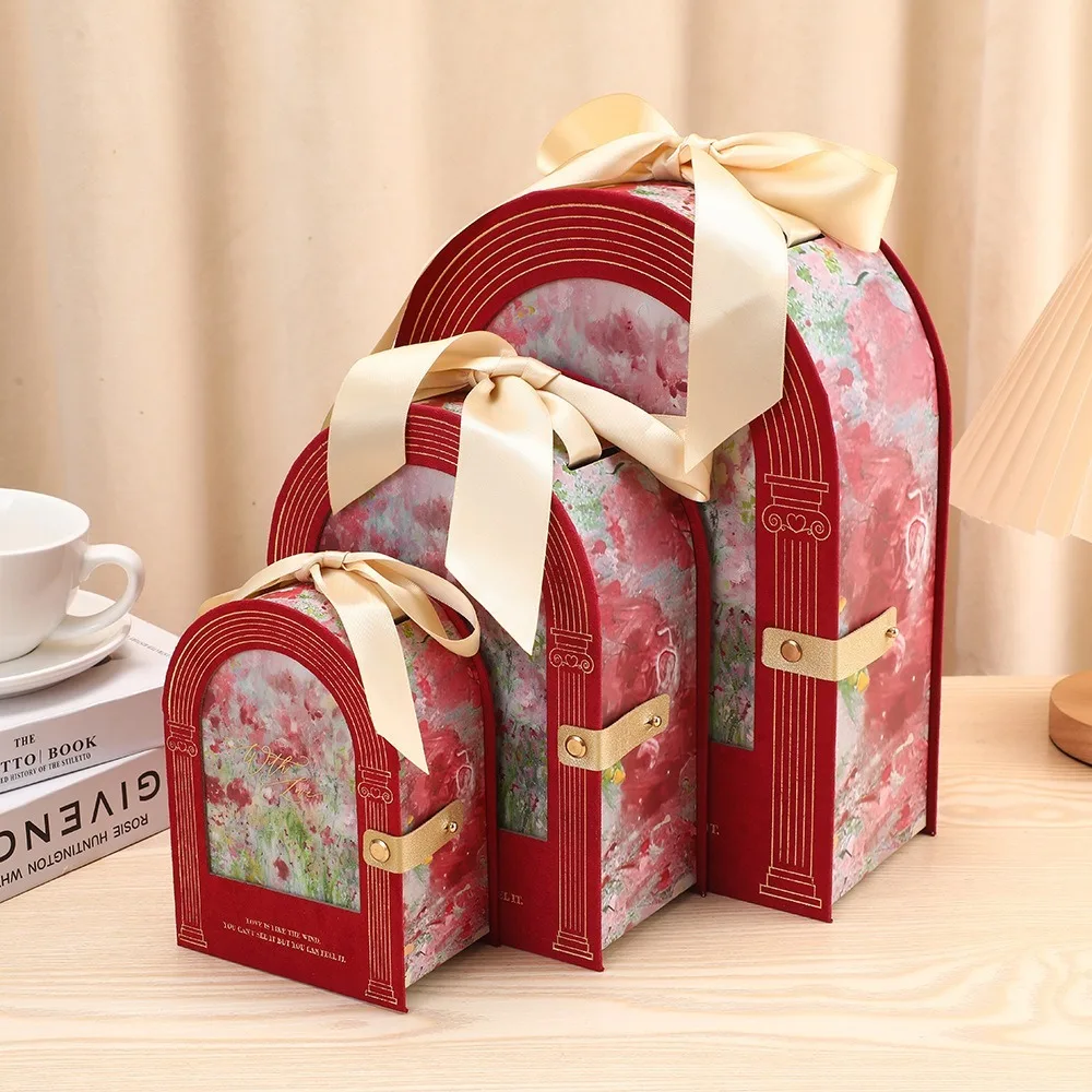 

Luxury Wedding Gift Box Suede Texture Flower Printed Bridesmaid Gift Box with Ribbon Empty Box Candy Box Birthday Return Gift