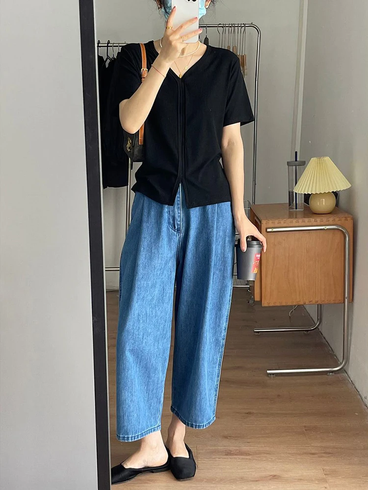 

Small Women's 45 Banana Wide Leg Jeans High Waist Zipper Closure Summer Blue Denim orts Harem Pants Eighteen to Twen Fou...