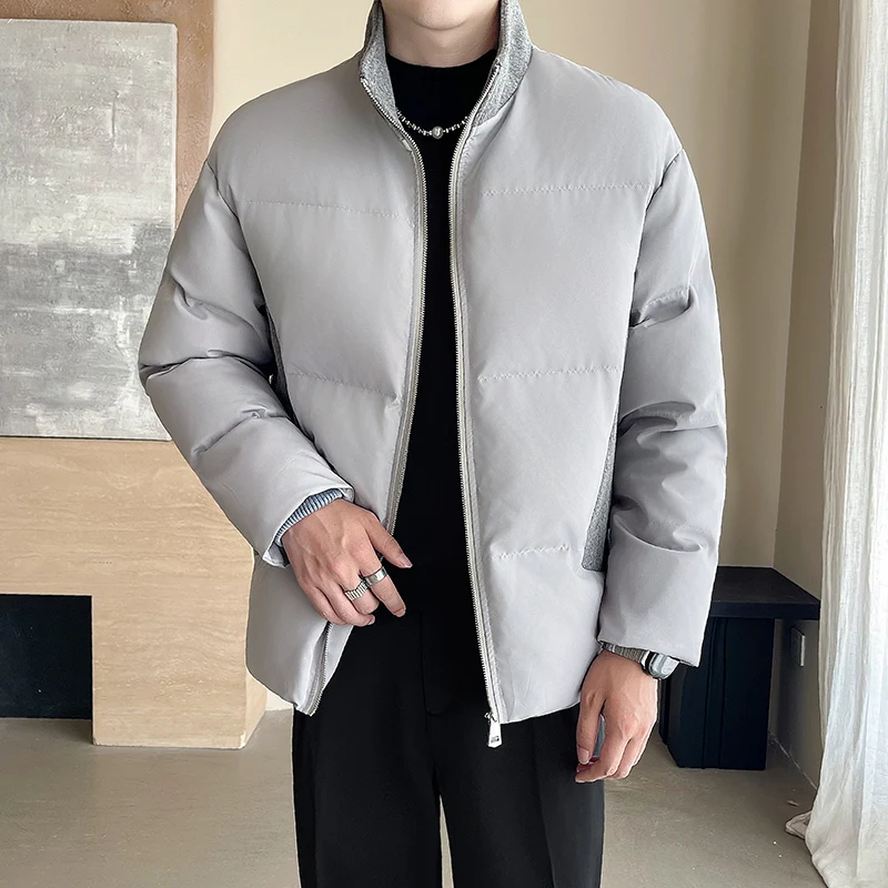 

Winter Parkas Men Woolen Patchwork Stand Collar Solid Warm Casual Parkas Coat Jacket Male Fashion Thick Outdoor Zipper Outwear