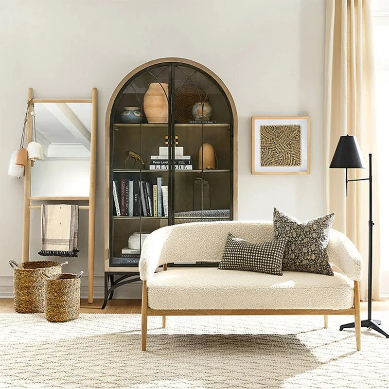 

American light luxury solid wood bookcase, post-modern simple glass door decorative cabinet, French retro arched display cabinet