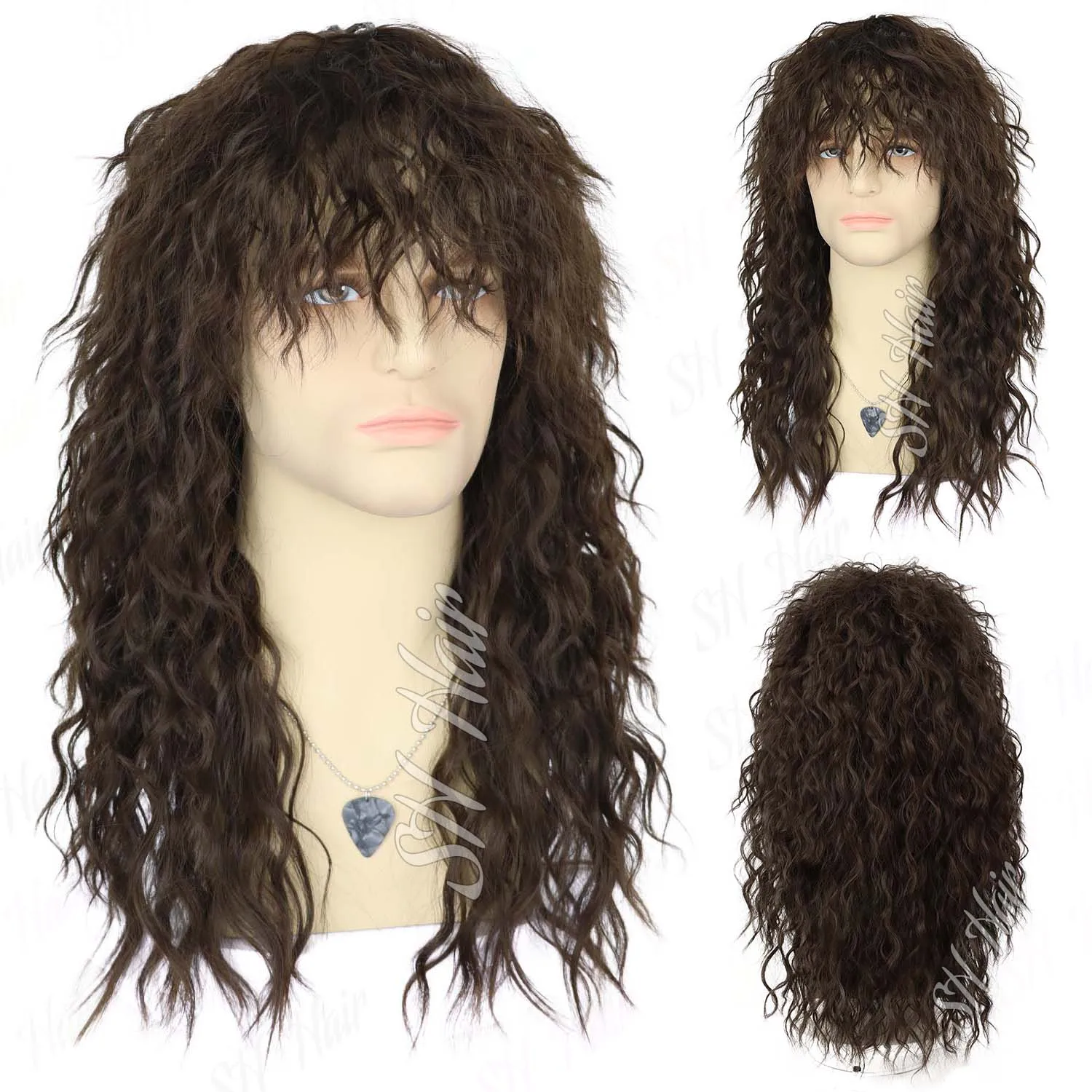 Synthetic Mens Mullet Wig with Necklace 80s Rocker Wigs Long Brown Wig for Party Halloween, Eddie Costume Wig, Multi-colored Wig