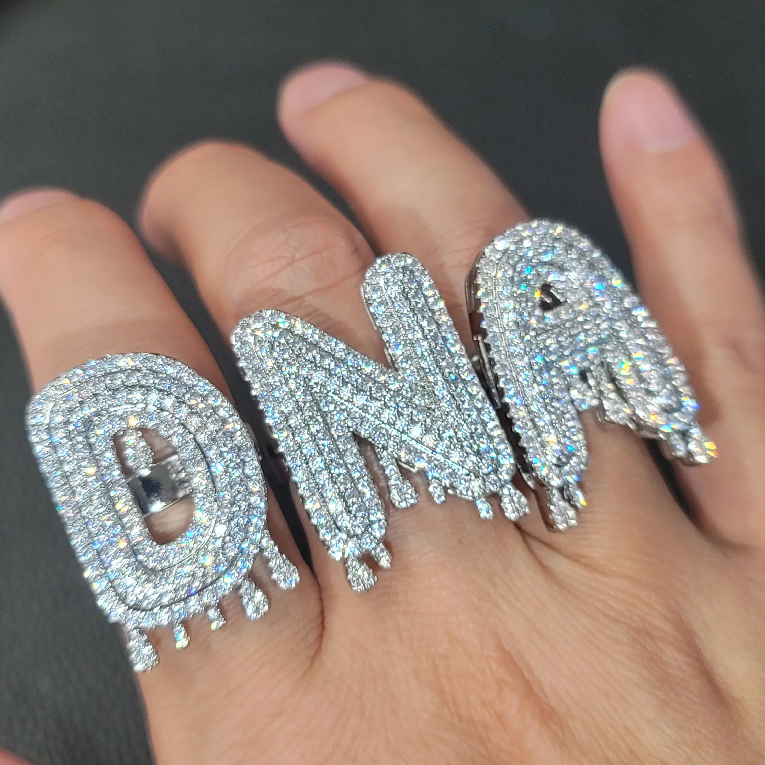 تخصيص كامل تمهيد الماس الجليدية خاتم شخصية قطرات الماء رسائل خواتم قابل للتعديل حجم الهيب هوب مجوهرات اكسسوارات