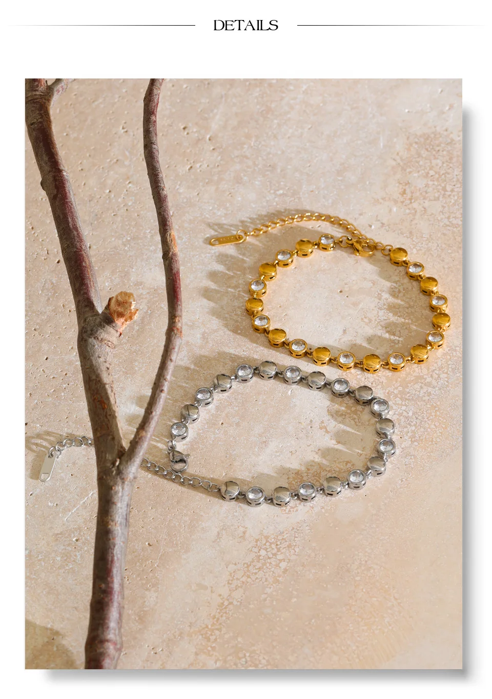 Yhpup Edelstahl-Armband mit runder Zirkonia-Kette, 18 Karat PVD-beschichtet, zartes Sommer- und Alltagsschmuckgeschenk – Detail 3