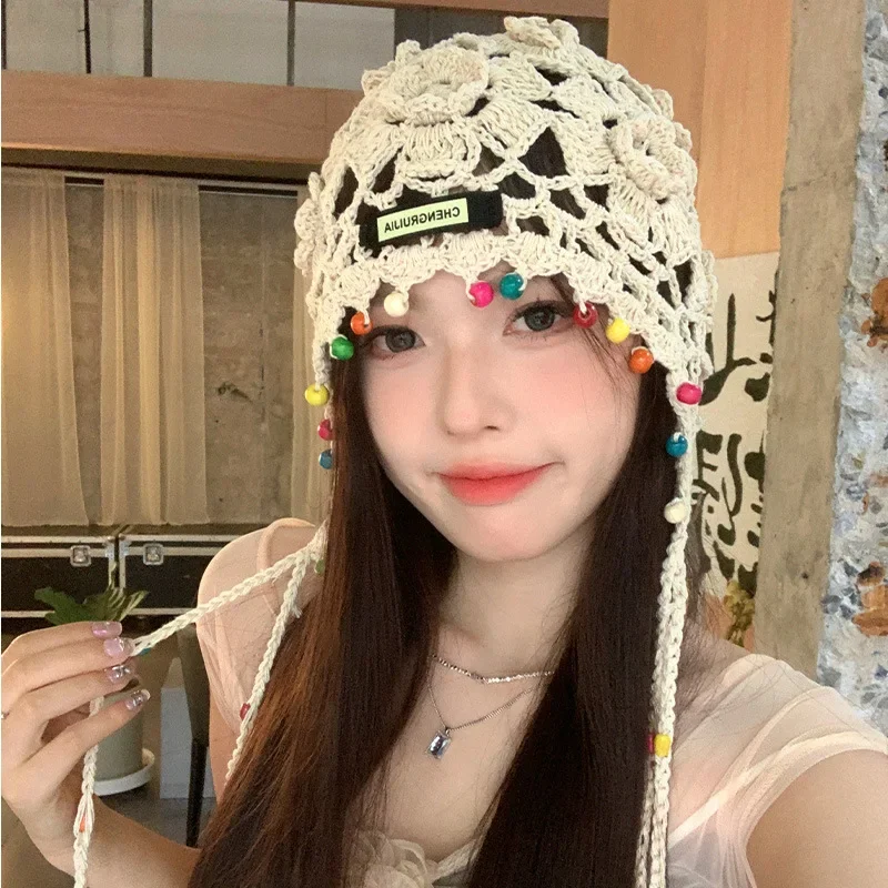 

Japanese Bohemian Style Hand-crocheted Flower Fringed Hollow Pullover Cap Women's Autumn Thin Knitted Ear Protection Beanie Hat