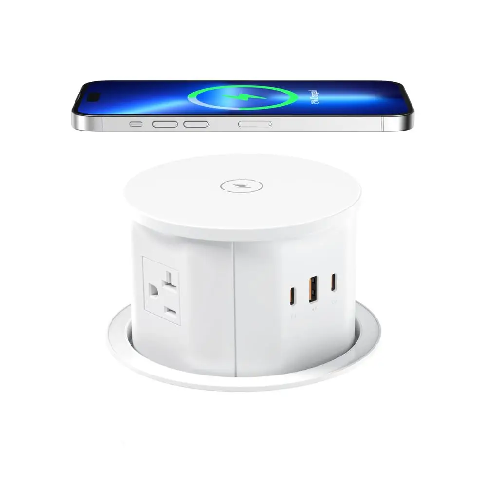 Retractable Countertop Power Outlet with Wireless Charging 3 AC Outlets 65W USB-C Ports 15W Fast Charger