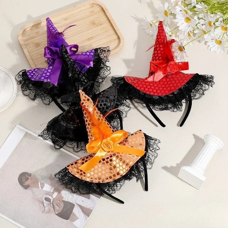 10pcs Witch Magic Hat Party Lace Halloween Headband Headwear Masquerade Party Hair Accessories