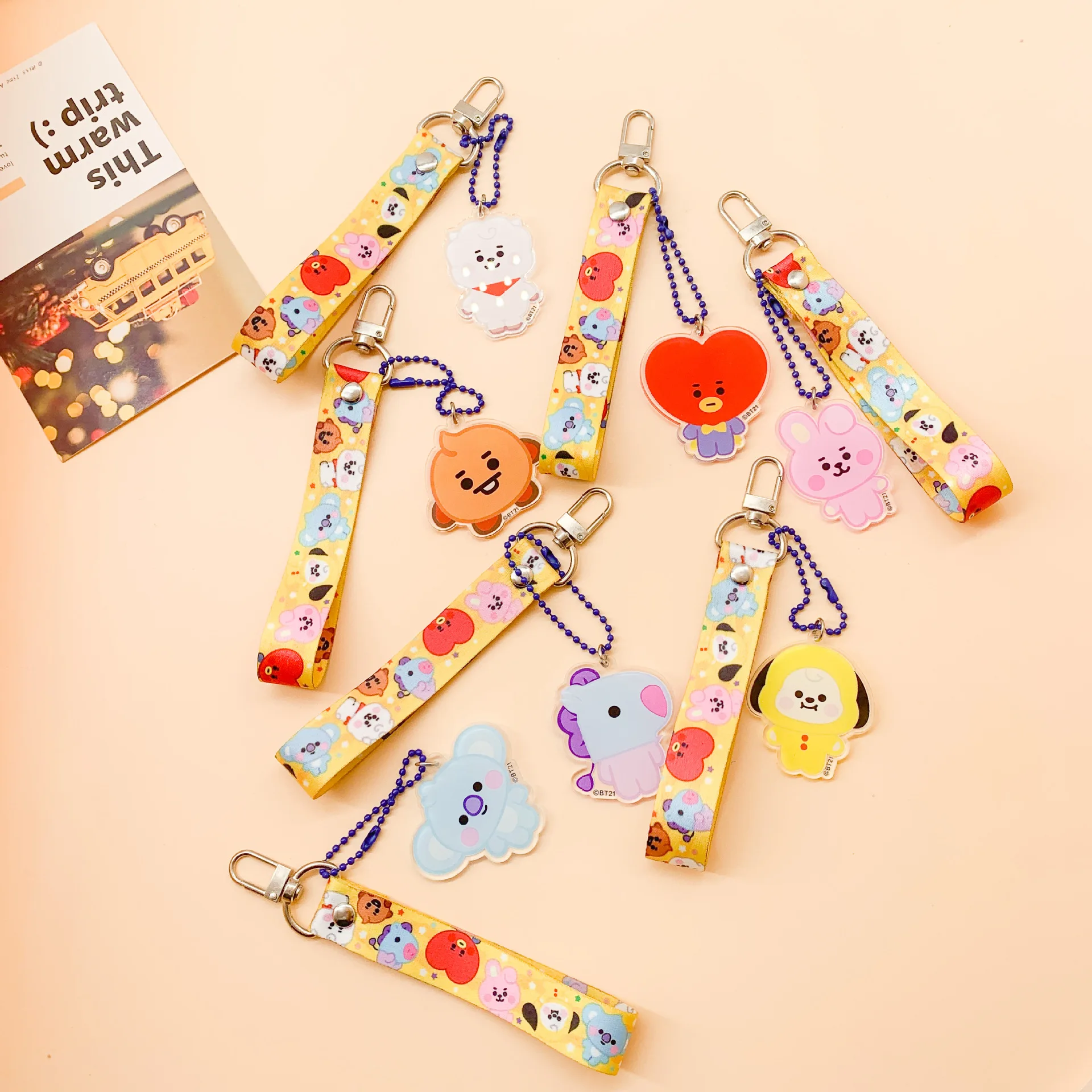 BT21 Acrylic Keychains Cartoon Creative Lanyard Ribbon Keychain Tata RJ Chimmy Cooky Koya ABS Keyring Bag Accessories Gift