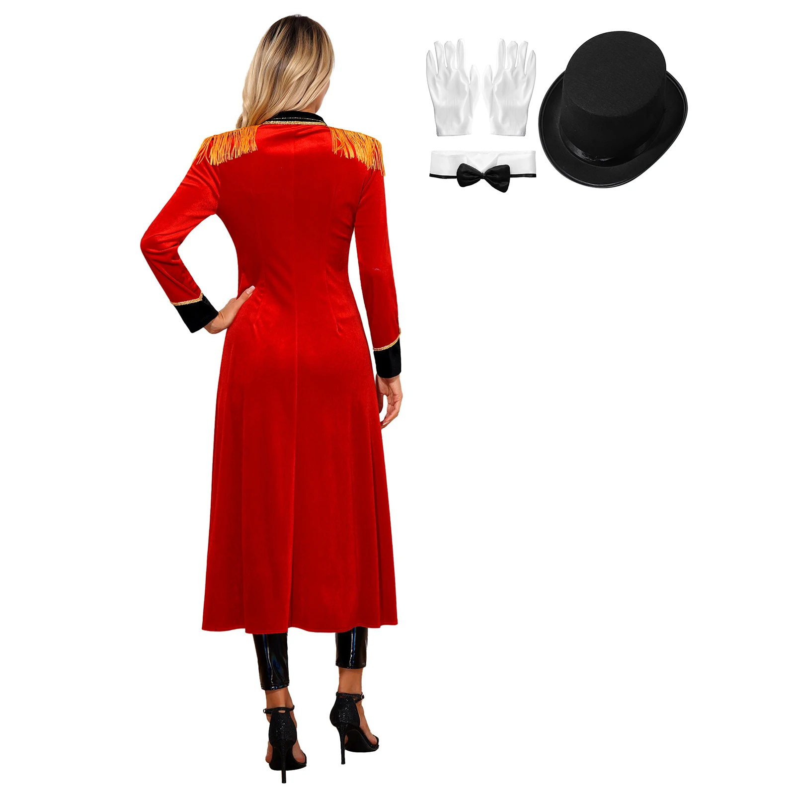 Women Circus Ringmaster Costume Long Sleeve Tassels Tailcoat Jacket with Hat Bow Collar Glove Halloween Cosplay Circus Outfits