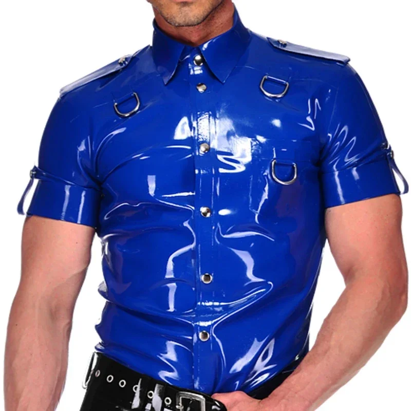 Blue Sexy Latex Shirt with Buttons At Front Turn Down Collar Short Sleeves D Rings Rubber for Men Handmade