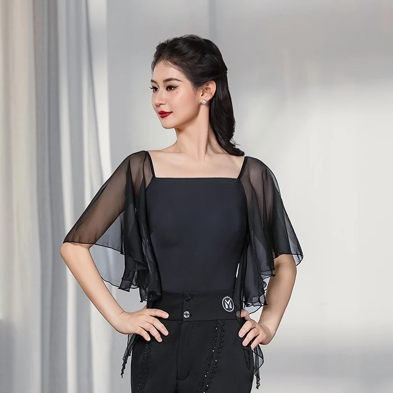 

2025 Latin Dance Tops For Women Waltz Dance Mesh Floating Sleeve Shirts New Chacha Rumba Adult Ballroom Dance Bodysuit DQS19817