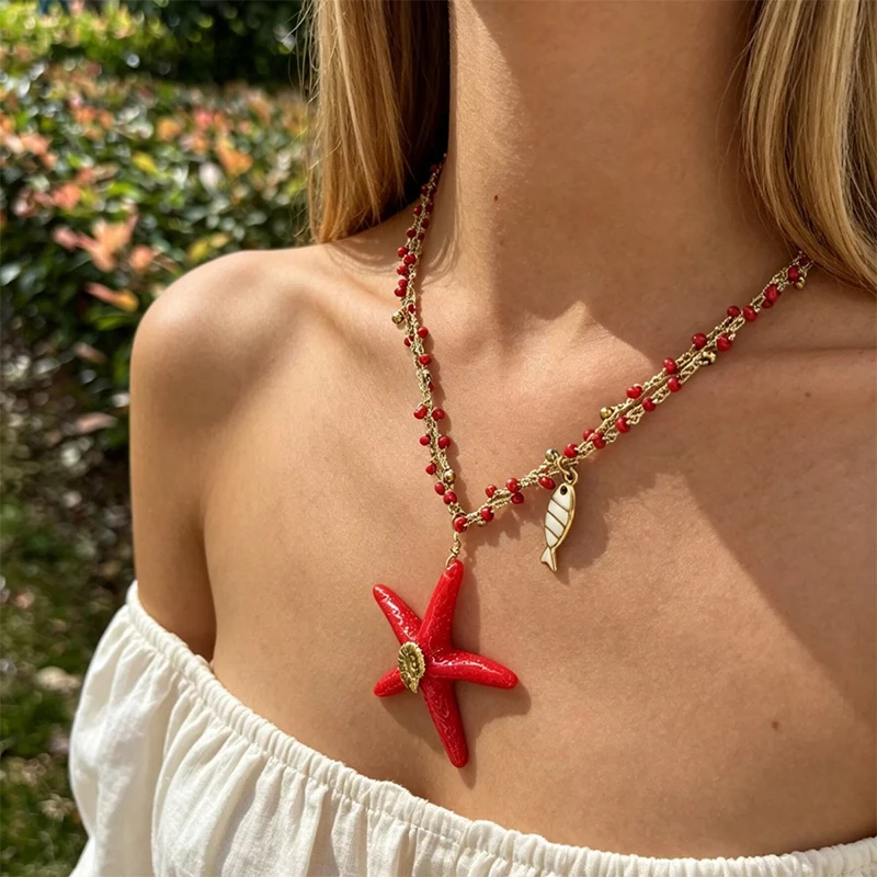 Women Summer Beach Red Resin Starfish Pendant With Retro Conch Inlay Waterproof Mini White Fish Charm Ocean Themed Neck Ornament