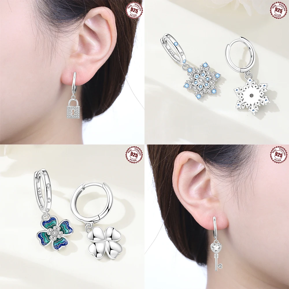 

Four-leaf clover colored earring original 925 Silver blue zircon snowflake key lock earring Anniversary jewelry fine gift set