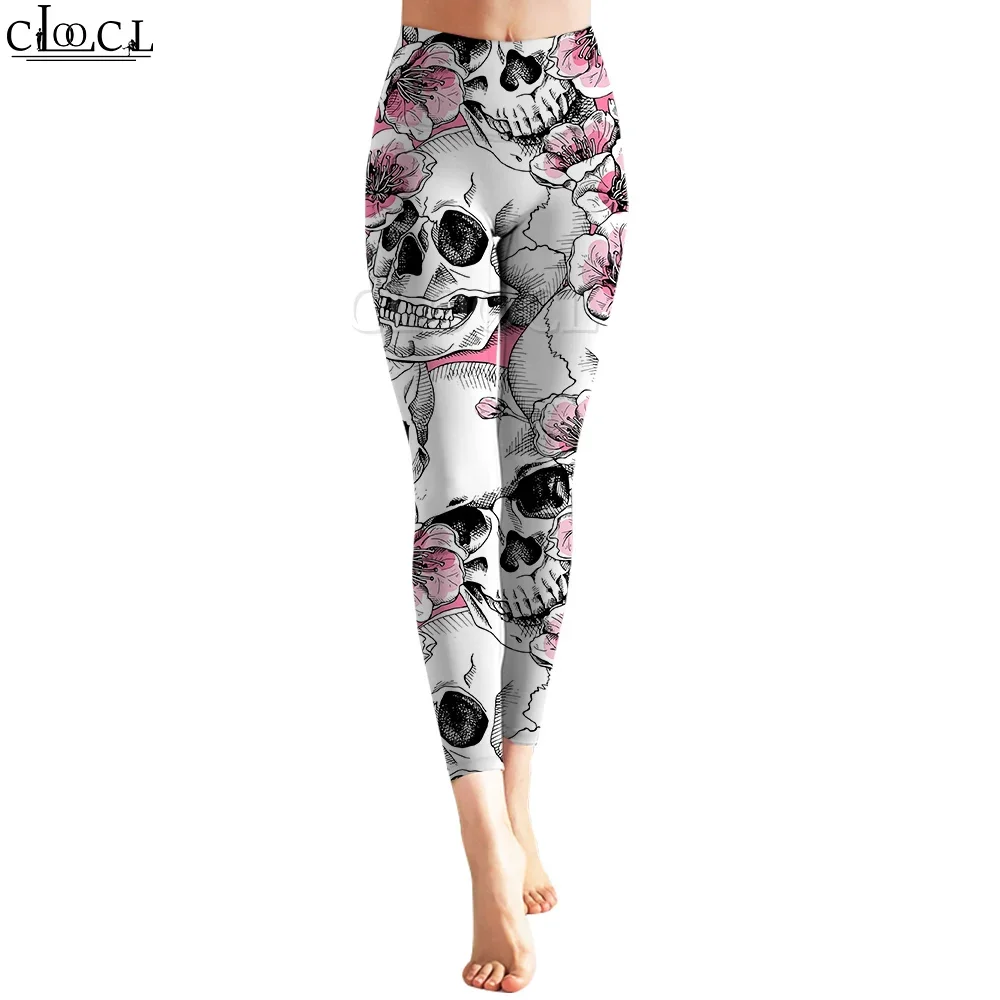 CLOOCL ผู้หญิงเลกกิ้งดอกพีชและกะโหลก 3D พิมพ์กางเกงสำหรับหญิงออกกำลังกายดันขึ้นจ๊อกกิ้งกางเกงเอวสูง
