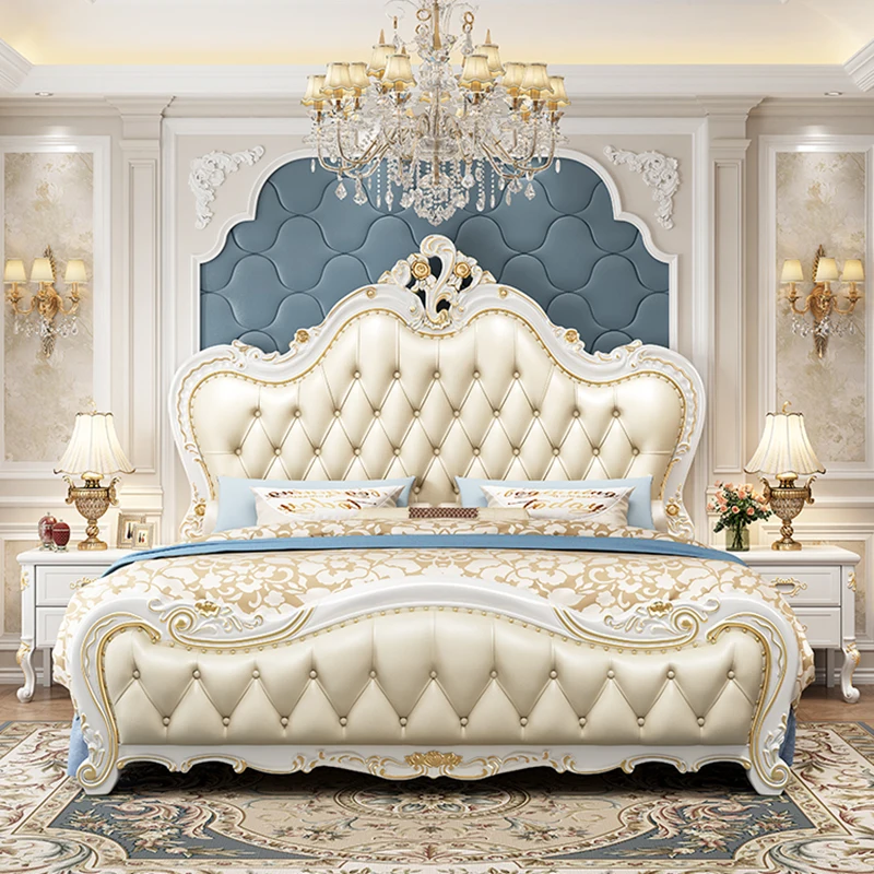 

European Double Bed Wooden Design Leather Queen Bed Simple Luxury Bedroom Princess Safe Letto Matrimoniale Trendy Furniture