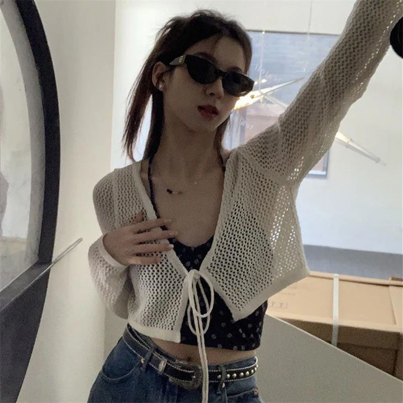 

Mesh Crop Long Sleeve Top 2023 Korean Fashion Sexy V Neck Summer Thin Beach Women Chic Harajuku Korean Oversized Slim Knitted