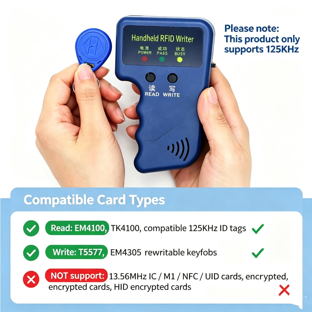 Handheld RFID Writer 125KHz ID Card Copier, Portable RFID Key Fob Duplicator,TK4100 T5577  Card Reader Writer for Access Control