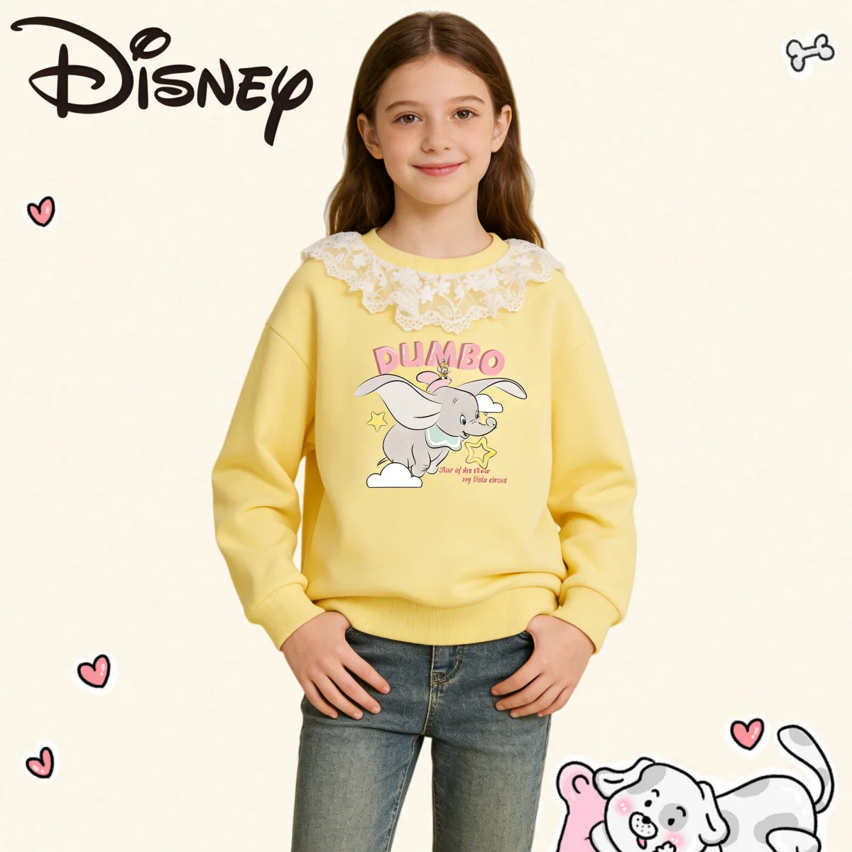 

Детская одежда Disney, детский свитшот с круглым вырезом, милые милые пуловеры для девочек, осенне-зимний удобный свитшот с кружевным декором