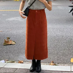Vintage 100% Cotton Corduroy Skirst For Women Autumn And Winter High Wasit Hip Split Long Casual Straight Harajuku Flared Skirt