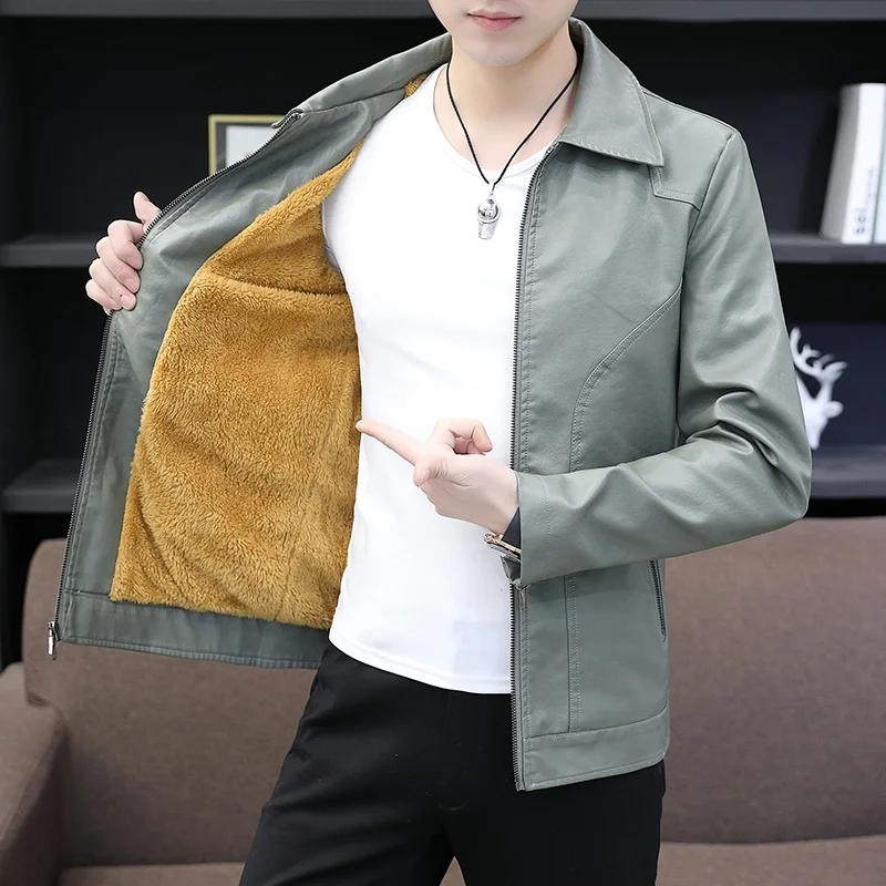 

Men's PU leather coat with fleece thickened lapel solid color spliced sheep leather jacket single-breasted coat men 2024 new mod