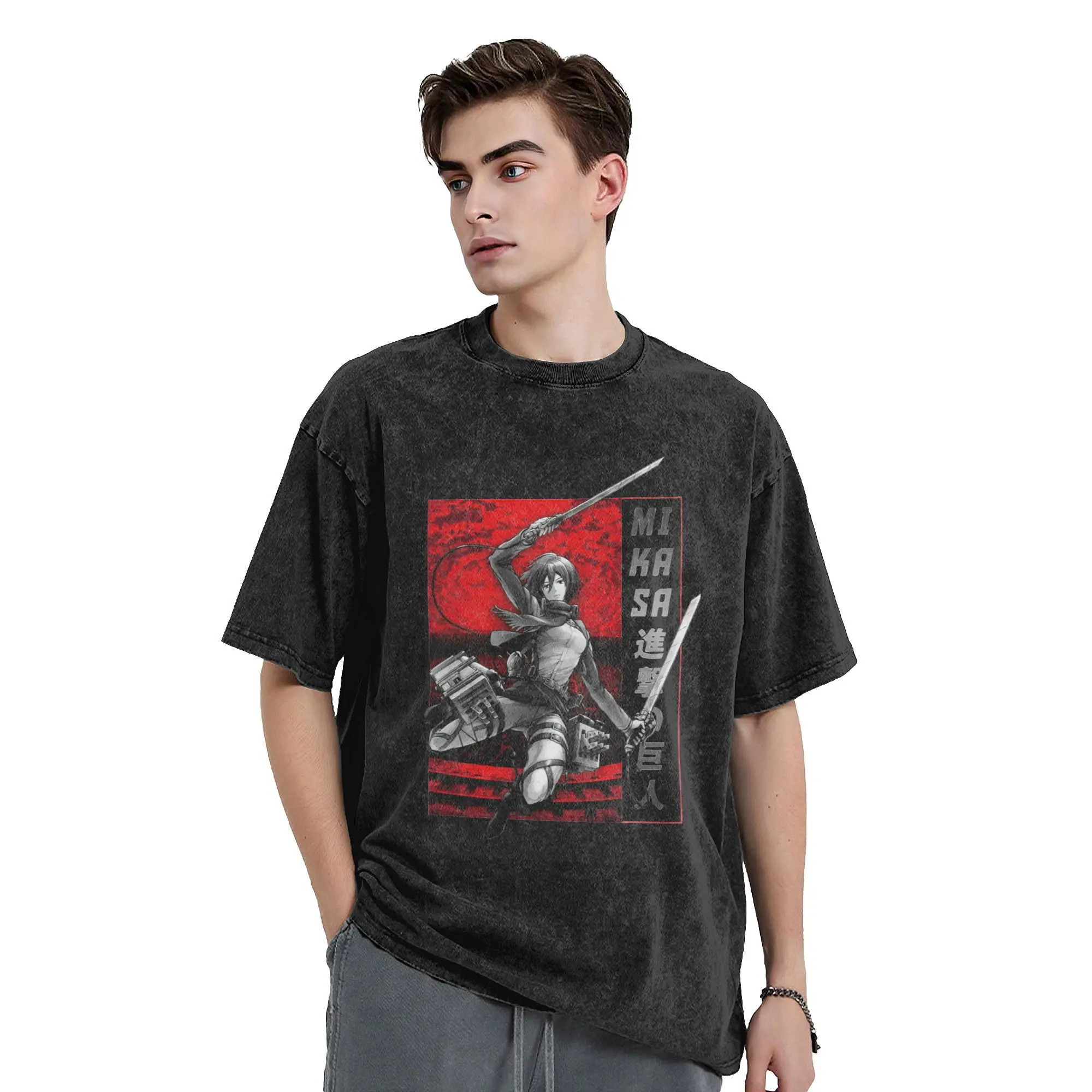 Mikasa Ackerman Aanval op Titan Vintage Gewassen T-shirt Grappige Katoenen T-shirts Crewneck T-shirts met korte mouwen Zomerkleding