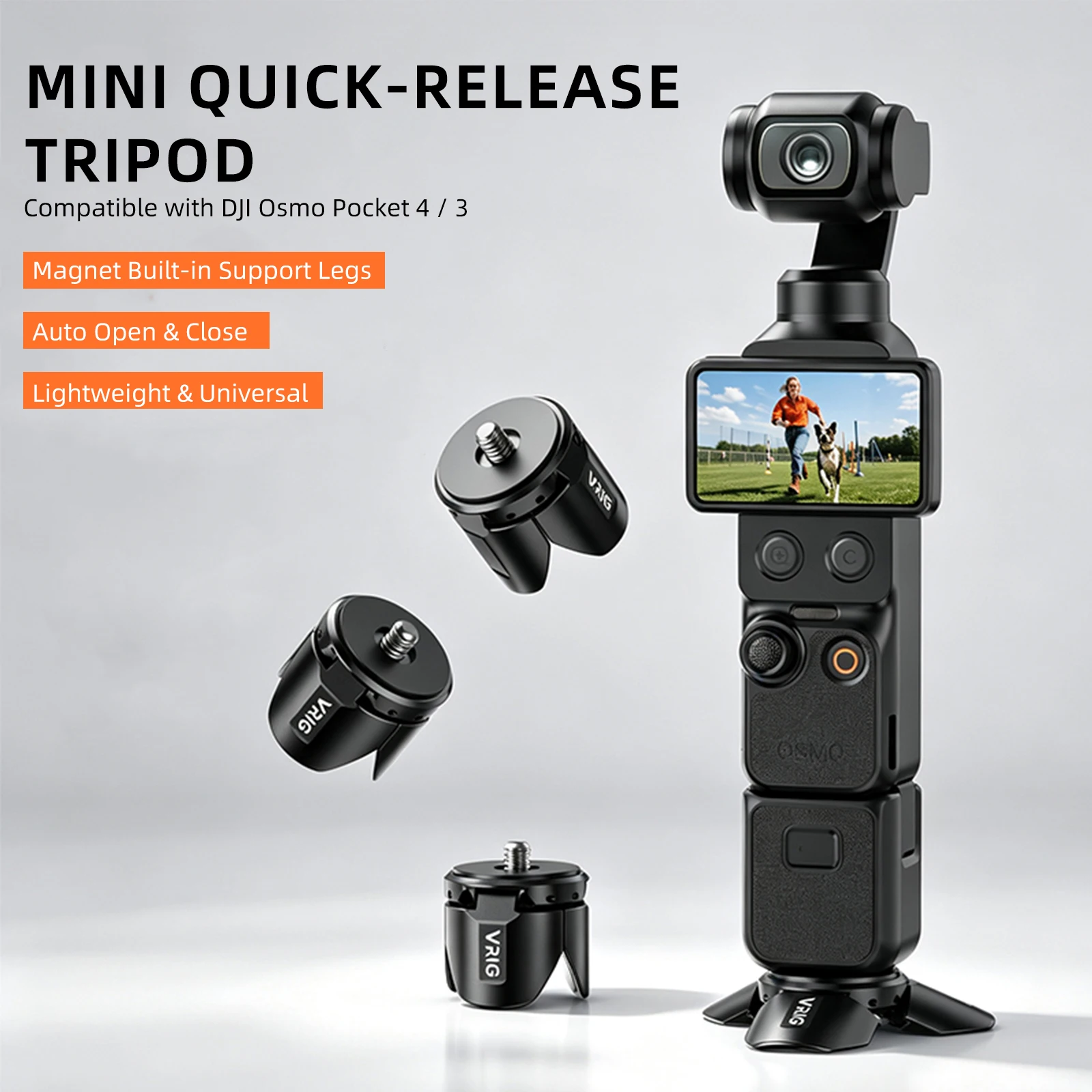 VRIG TP-41 Mini Tripod Magnetic Camera Base for DJI Osmo Pocket 4/4 Pro/3/ Action 6/ Insta360 Luna UltraCompact Tripod Stand