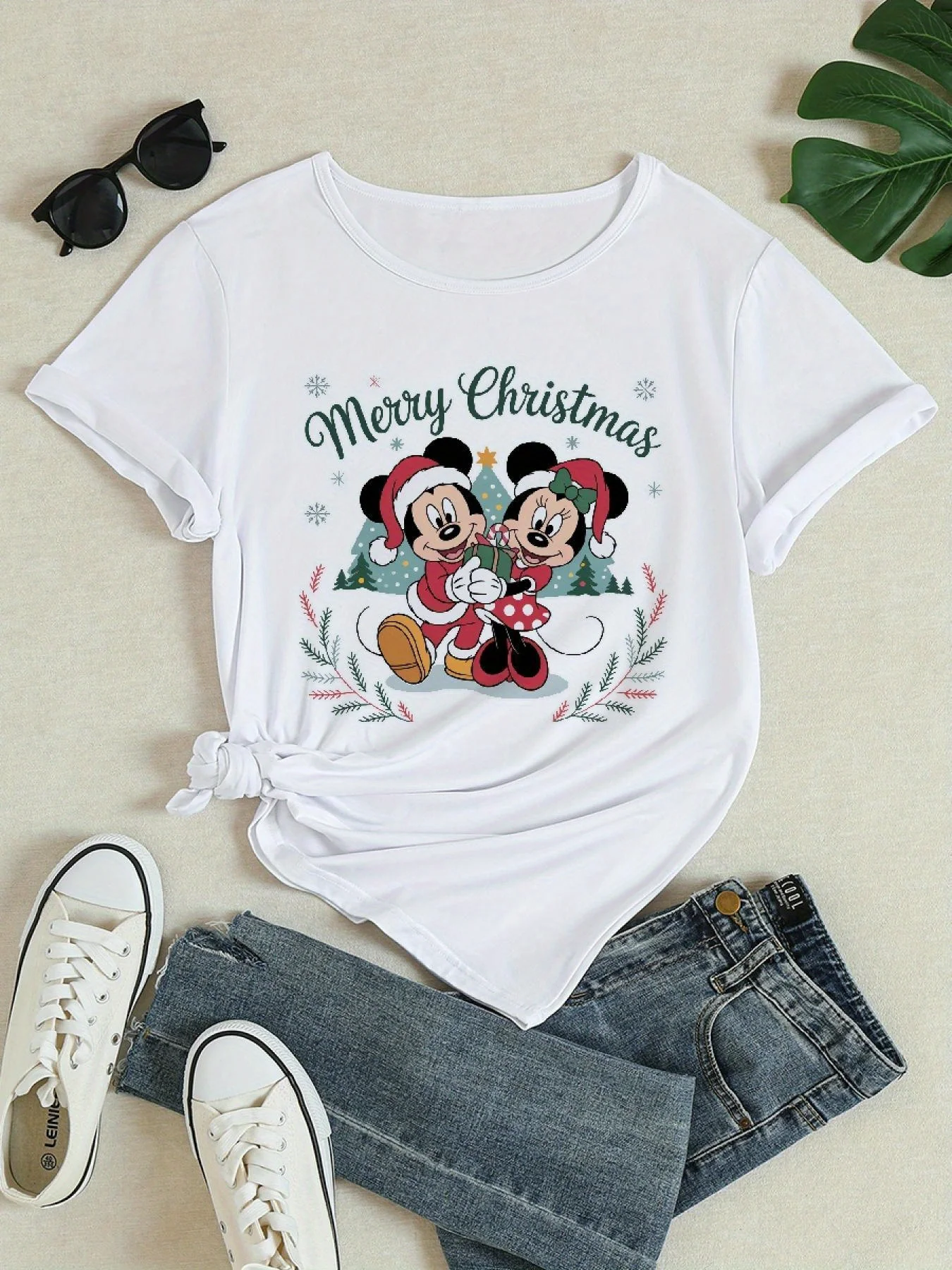 

Disney Christmas Mickey/Minnie T-shirt - Men's and Women's Short sleeved Unisex Couple Sports and Leisure Cartoon Print