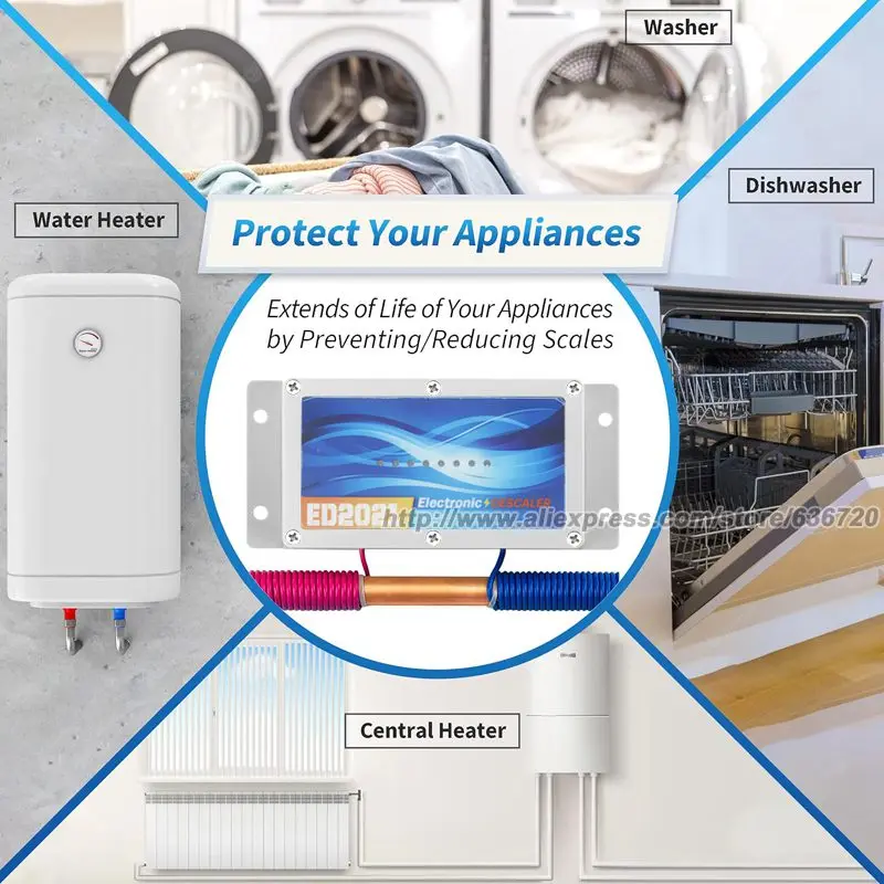 إزالة الترسبات المائية للمنزل بالكامل، مكيف مياه صلب إلكتروني بديل خالٍ من الملح، يقلل من مقياس الليموني يمنع بناء الودائع