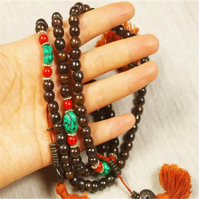 Tibetan 108 Prayer Beads Mala Black Yak Bone Necklace Tibet Rosary with Counter Pair BRO841