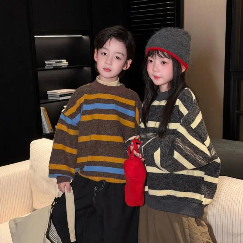 2026 Winter New Children Fleece Sweatshirt Cotton Girls Casual Striped Tops Plus Velvet Thick Kids Boys Versatile Pullover