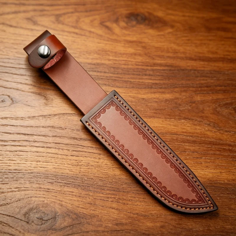 Vintage-Messerhülle aus Spaltleder mit Kreisprägung, Metallverschluss für den Gürtel, nur die Hülle ohne Messer. – Detail 3