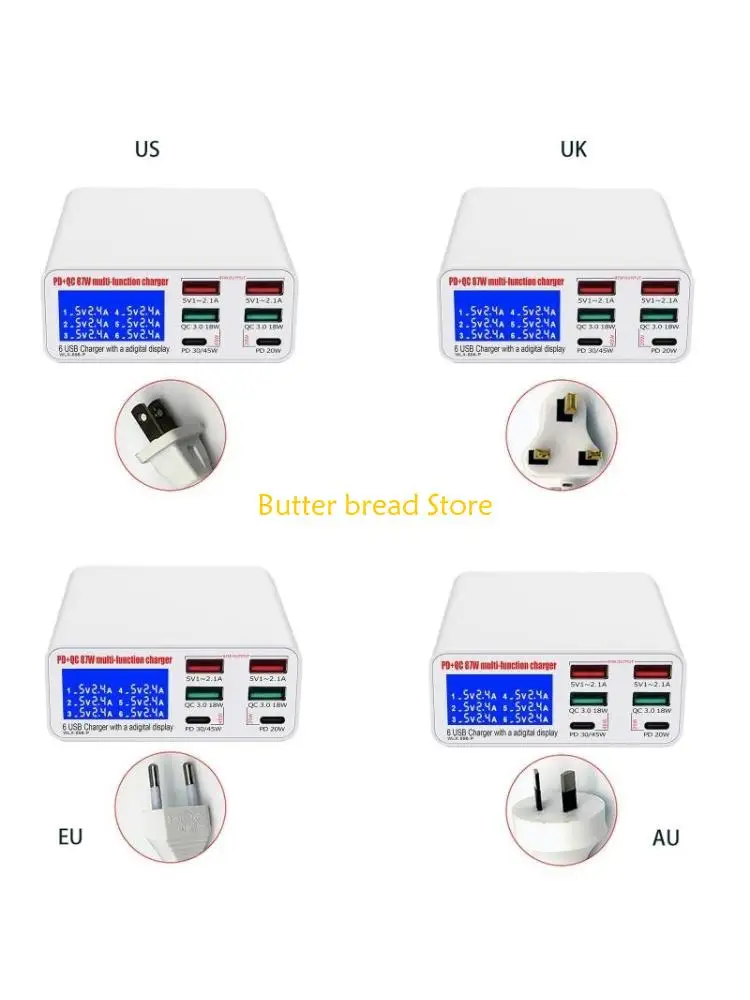 

W89C 6-портовое зарядное устройство USB PD 45 Вт типа C с ЖК-дисплеем для телефонов Andriod Devices Интеллектуальное тока