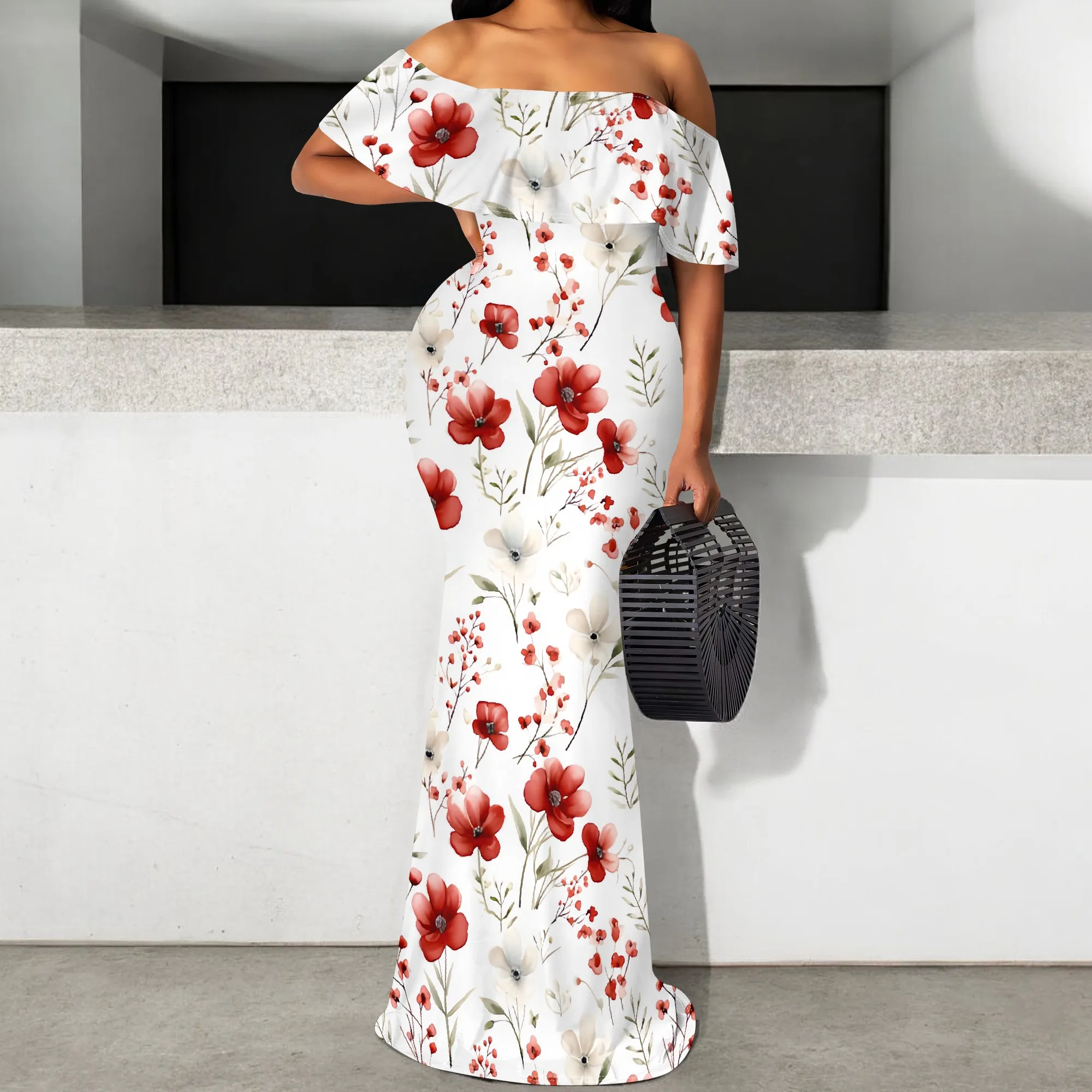 

White Floral Off Shoulder Maxi Dress S-3XL Elegant Red Flower Print Summer Wedding Guest Gown