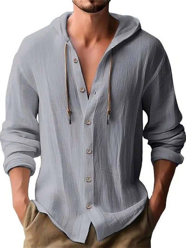 New 2025 Men's Hooded T-Shirt Pure Color Trendy Brand Cotton Linen Drawstring Casual Versatile Long Sleeve Top for Spring Summer