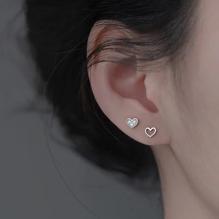 925 Sterling Silver Asymmetry Heart Zircon Small Stud Earrings For Women Elegant Wedding Luxury Jewelry Accesories