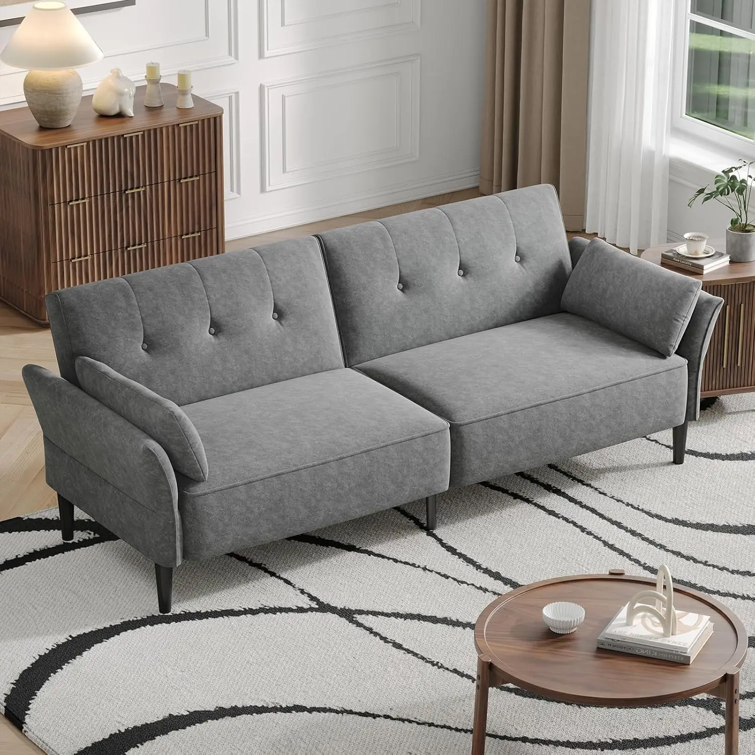 

89” Futon Sofa Bed, Comfy Futon Couch Bed With 2 Square Pillows, Convertible Sleeper Sofa With Adjustable Backrest& Armrests,
