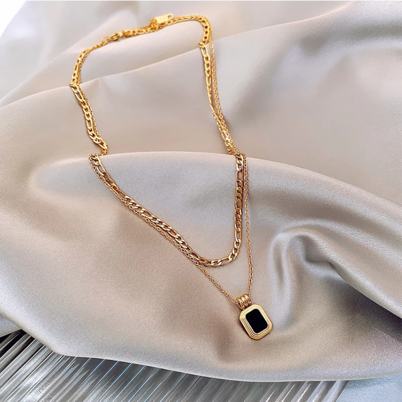 Trendy black block new double-layer necklace for women light luxury hip-hop style collar chain daily banquet jewelry gift
