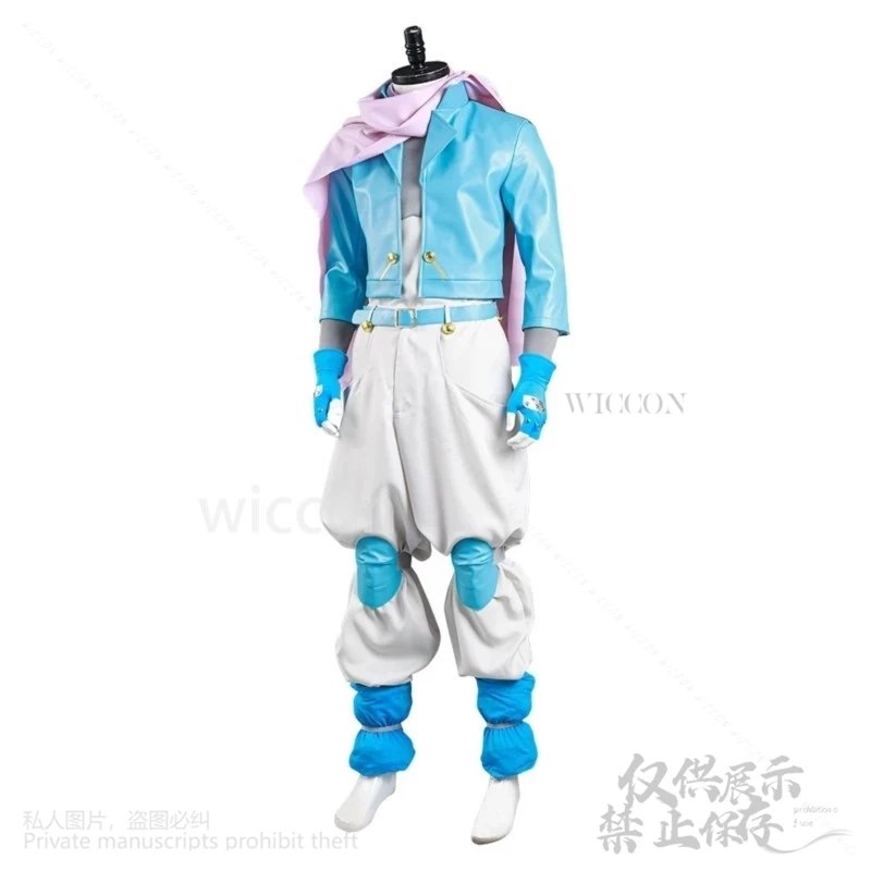 อะนิเมะ Jo คอสเพลย์ S2 ผจญภัย Anthonio Zeppeli เครื่องแต่งกายสีฟ้า Pu เสื้อกางเกง Headwear ชุดวิกผมสําหรับฮาโลวีน Punk ชุดที่กําหนดเอง
