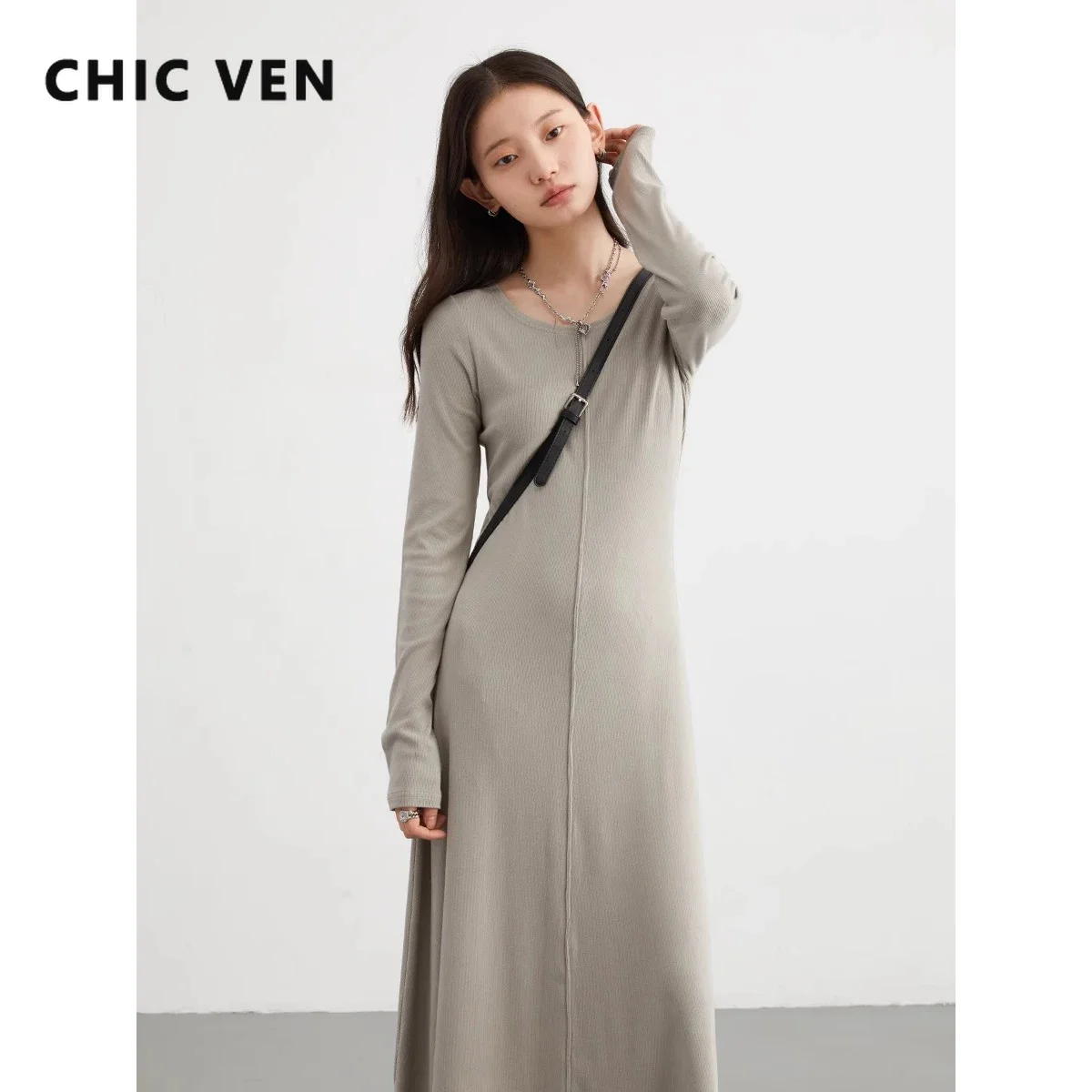 CHIC VEN Korean Women Dresses Solid Long Sleeve New Round Neck Long Dress A Line Bottom Skirt Autumn Spring 2023