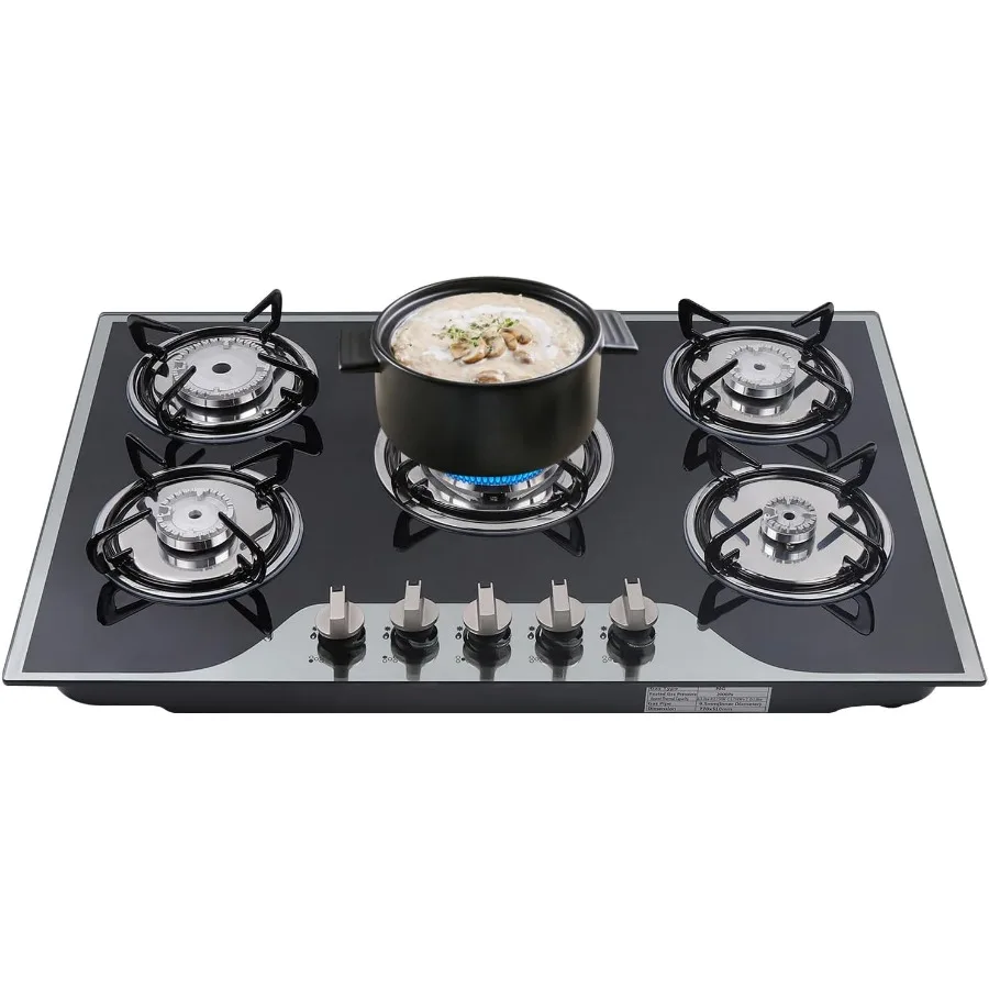 เตาแก๊สแบบฝังขนาด 30.3 นิ้ว 5 หัวเตา หน้ากระจกนิรภัย ใช้ได้ทั้งแก๊สธรรมชาติและแก๊ส LPG พร้อมคุณสมบัติพิเศษ