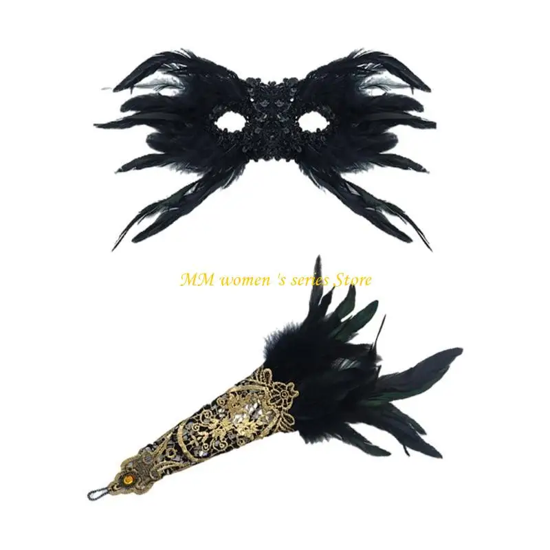 

Q39C 3 Pcs 1920s Gatsby Accessories Set 20s Headpiece Masquerade Mask 20's Theme Set