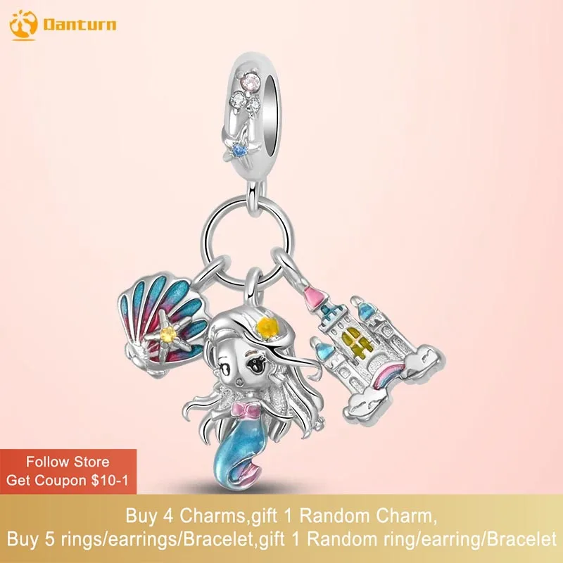 

Danturn 925 Sterling Silver Beads Mermaid, Seashell and Castle Charm fit Snake Chain Bracelets Fashion Women Jewelry Making
