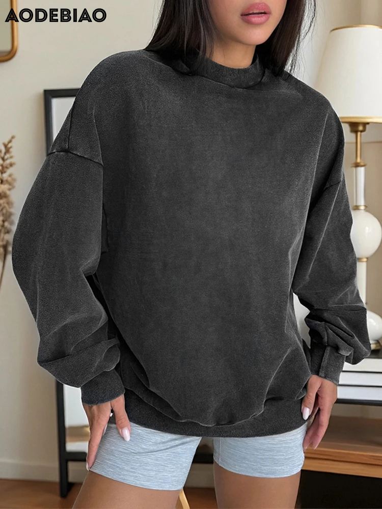 AODEBIAO Black Sports Hoodie Women Autumn Long Sleeves O-Neck Solid Fitness Hoodie Casual Loose Basic Hoodie Women Streetwear
