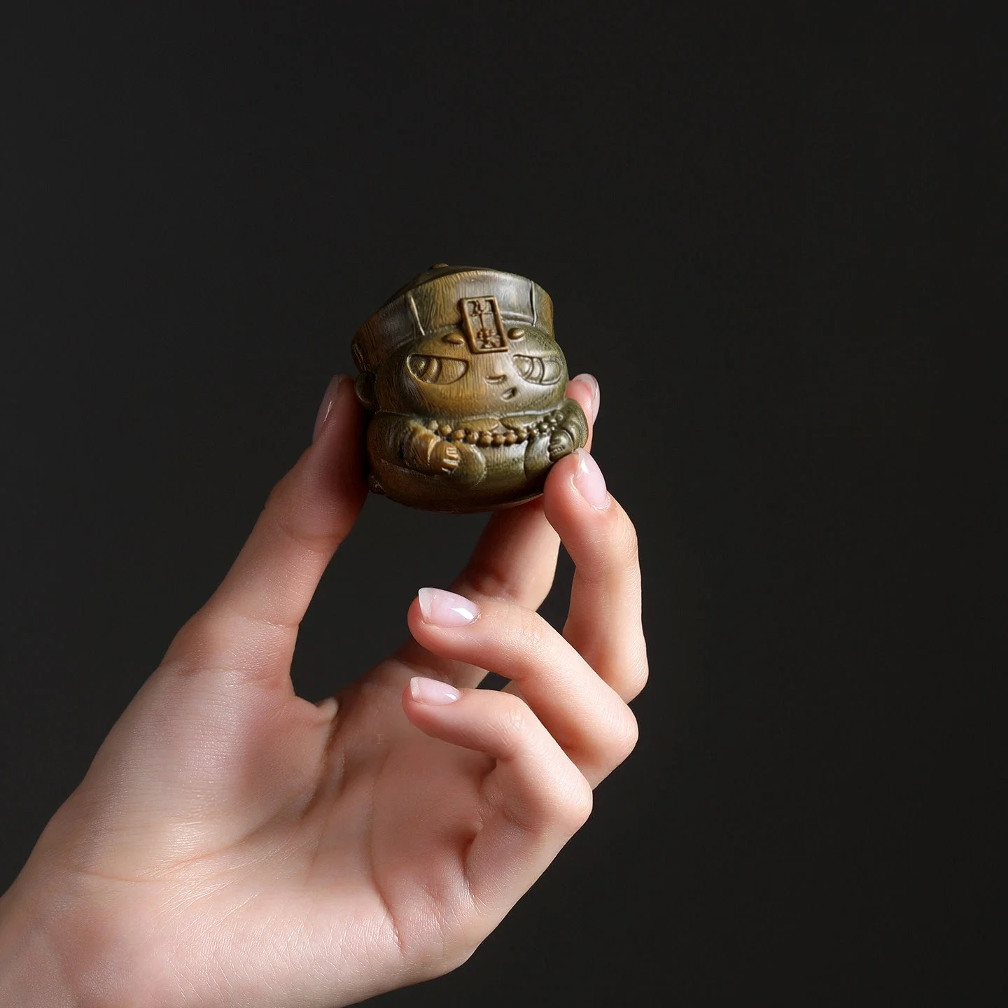 Hand Carved Green Sandalwood Little Zombie Figurine Cute Wood Statue Desktop Ornament Hand Piece Collectible Gift