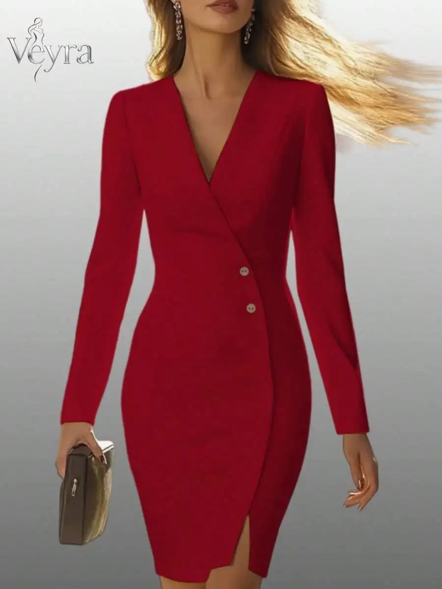 

Red V-Neck Wrap Midi Dress With Long Sleeves, Side Slit, Two Gold Buttons, Fitted Silhouette For Autumn Elegance
