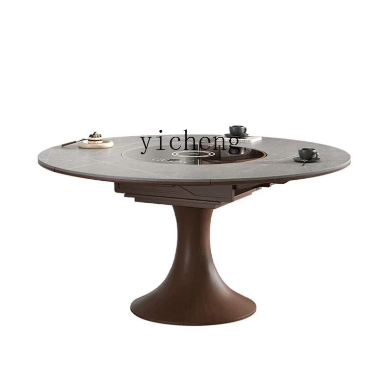 

rock slab retractable dining table small apartment induction cooker turntable foldable solid wood